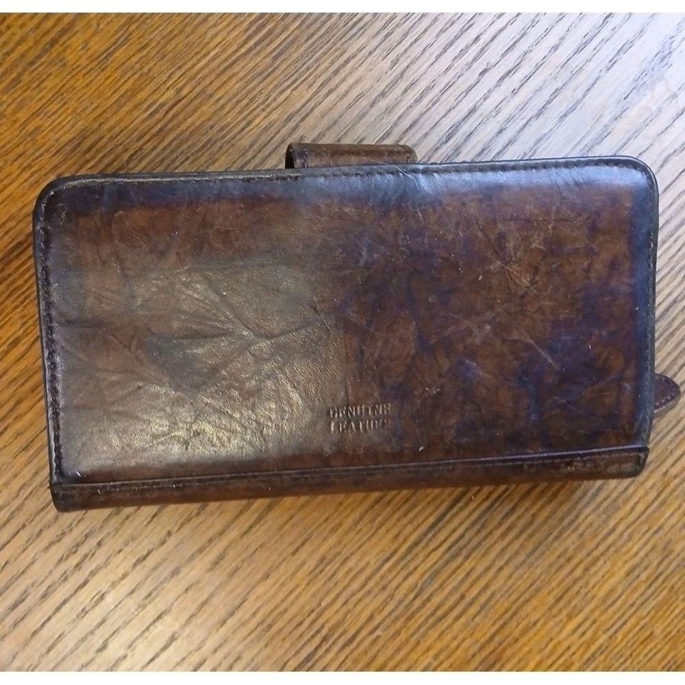 Mens Brown Leather Trifold Wallet Vintage Distressed Snap Coin Pocket ID Window - Picture 7 of 11